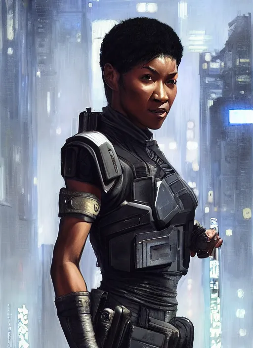 Prompt: black chun li. cyberpunk police trooper in a military vest ( blade runner 2 0 4 9, cyberpunk 2 0 7 7 ). orientalist portrait by john william waterhouse and james gurney and theodore ralli and nasreddine dinet, oil on canvas. cinematic, hyper realism, realistic proportions, dramatic lighting, high detail 4 k