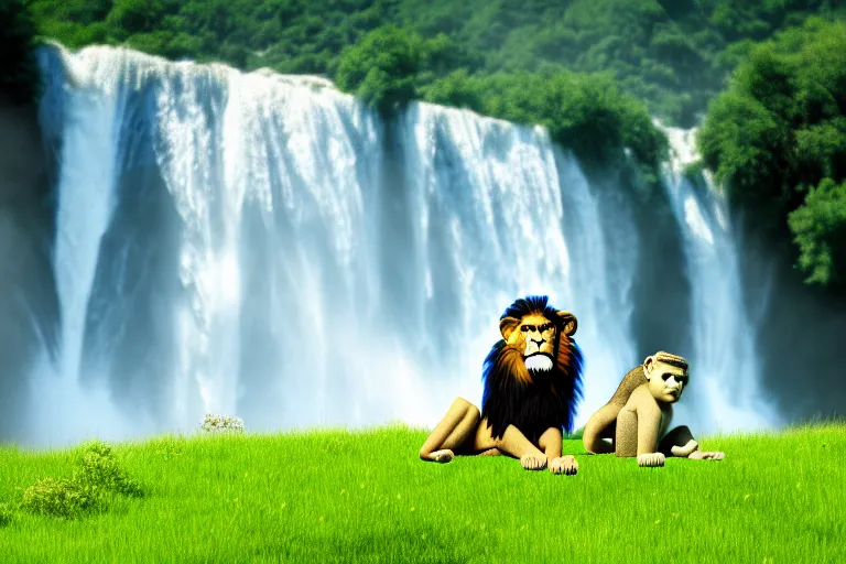 Image similar to two animals : a lion and a monkey, sitting in a meadow with a waterfall in the background, many details, high quality, 8 k