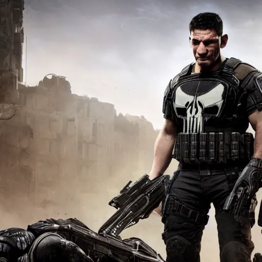 Image similar to Movie still ((the punisher)) in Gears of War, splash art, movie still, detailed face, photorealistic facial features, cinematic lighting, dramatic, octane render, long lens, shallow depth of field, bokeh, anamorphic lens flare, 8k, hyper detailed, 35mm film grain