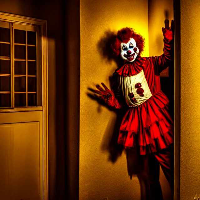 Image similar to creepy clown in your house at night, 8 k, hdr, smooth, award - winning photo