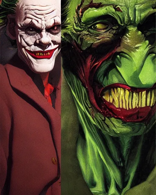 Image similar to portrait of willem dafoe green goblin as the joker, portrait photography, art by makoto shinkai and peter elson, bernie wrightson