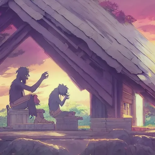 Image similar to ape wearing a flannel shirt, building in carpenter workshop, landscape illustration concept art anime key visual trending pixiv fanbox by wlop and greg rutkowski and makoto shinkai and studio ghibli and kyoto animation