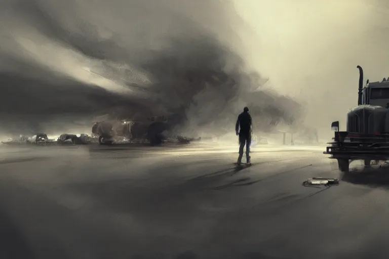 Image similar to epic concept art of an approaching truck and a man on the ground. close - up fallen man in foreground. backlight. rim light, strong contrast. by ashley wood and j. m. w. turner, speed painting, photo bash, cinematic angle, super detailing, strong perspective, traffic accident, haze over the shoulder shot