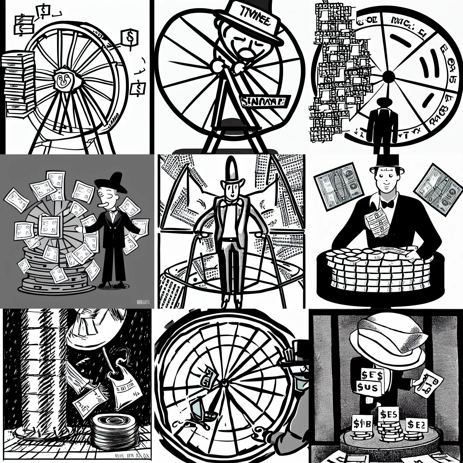 Prompt: man suit on a price wheel with a pointy hat, bags of money, cartoon, comic, illustration, b&w