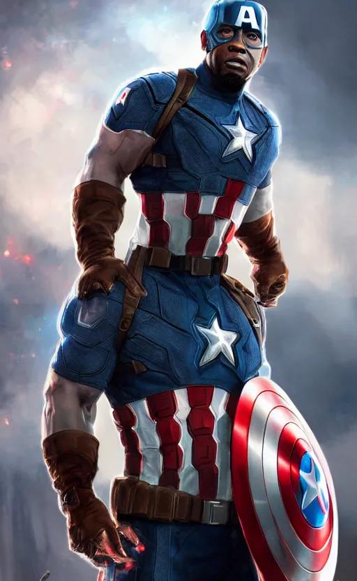 Image similar to kevin hart as captain america, dynamic lighting, photorealistic fantasy concept art, trending on art station, stunning visuals, creative, cinematic, ultra detailed