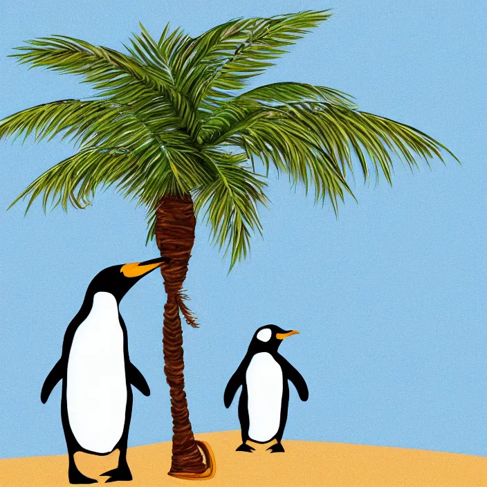 Image similar to penguin with a palm tree growing on its head, cartoon style