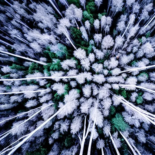 Image similar to Looking down at the forest floor, covered in fallen leaves, An indigo forest in Japan, dark, midnight, ghostly white trees