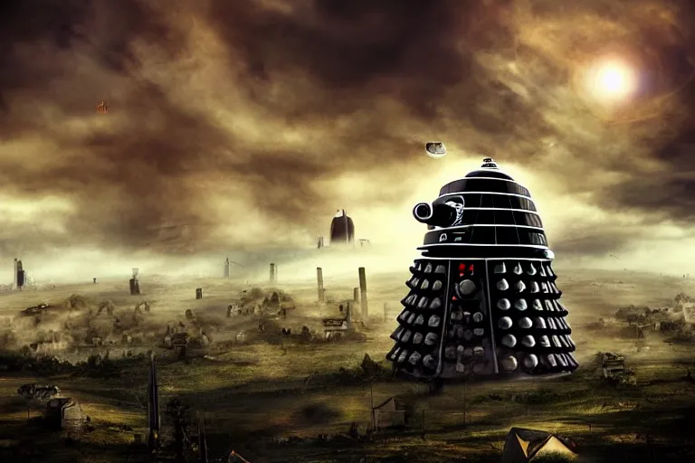 Prompt: colossal Dalek towering over village shooting lasers, houses, trees, looking down, realistic, post apocalyptic style, tornadoes, dark clouds, hyper realistic, wide angle