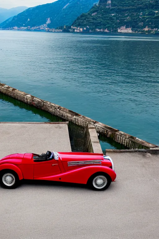 Prompt: Photo of a red 1939 Delahaye parked on a dock with Lake Como in the background, wide shot, daylight, dramatic lighting, award winning, highly detailed, 1980s, luxury lifestyle, fine art print, best selling.