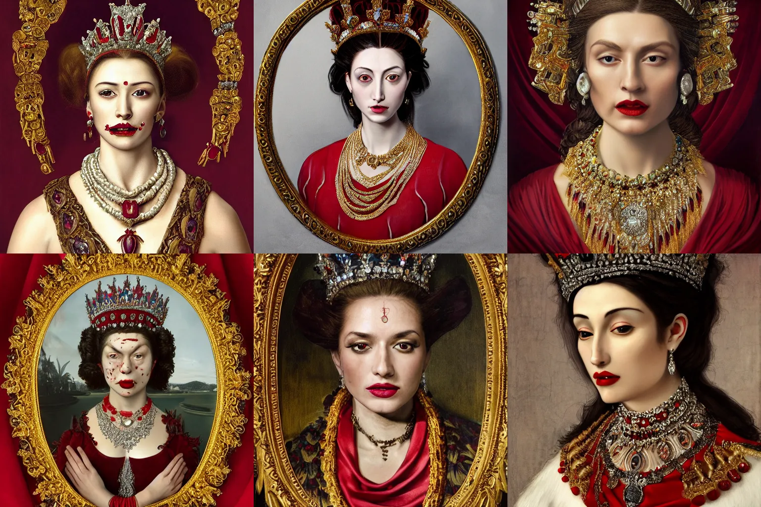 Image similar to A extremely highly detailed majestic hi-res beautiful head and shoulders painting of a beautiful bloody vampre woman with fangs wearing a long royal red silk dress, the crown jewels is on her head and around her neck is a ornate golden necklace decorated with diamonds and rupees by Michelangelo Merisi da Caravaggio, high detail, hyperrealistic, photorealistic, octante render, cinematic, high textures, royaltly, royal, hyper sharp, 4k insanely detailed and intricate, hypermaximalist, 8k, hyper realistic, super detailed, 4k HDR hyper realistic high,