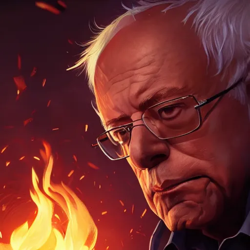 Image similar to portrait of bernie sanders burning money, league of legends amazing splashscreen artwork, splash art, natural light, elegant, photorealistic facial features, intricate, fantasy, detailed face, atmospheric lighting, anamorphic lens flare, cinematic lighting, league of legends splash art, hd wallpaper, ultra high details by greg rutkowski