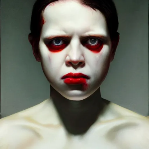 Image similar to high quality high detail painting by gottfried helnwein, hd, portrait of a psychopath, intense unsettling look in the eyes, photorealistic lighting