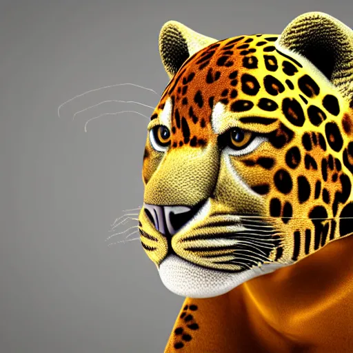 Image similar to golden jaguar with glowing blue eyes, octane render