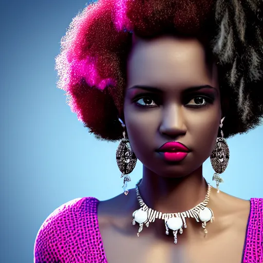 Image similar to young, super cute funky black girl, afro, intricate hair details, jewellery, big hooped earrings, long nails, off the shoulder shirt, sultry look, soulful, pouty lips, adorable, disney, real life, octane render, 8 k, volumetric lights, rim light, character details, 3 d, award winning, model, beautiful, gorgeous