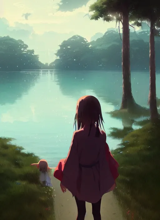 Image similar to girl near the lake, rainy, touching a long neck monster, illustration concept art anime key visual trending pixiv fanbox by wlop and greg rutkowski and makoto shinkai and studio ghibli