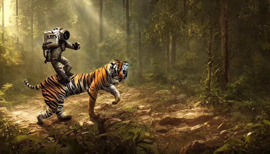 Prompt: american astronaut in the forest riding a bengal tiger, plants environment, wide angle, cinematic lighting, atmospheric, ultrarealistic, trending on artstation, cgsociety, highly detailed, color graded, in the style of craig mullins, rendered in Unreal Engine 4k HQ, shadow of the tomb rider