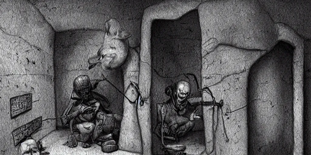 Image similar to dim lit, dark jail, walls made of ears, highly detailed illustration, trending at artstation