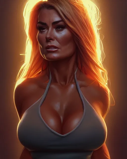 Image similar to highly detailed vfx portrait of, carmen electra muscular by stephen bliss, chalk, unrealengine, greg rutkowski, loish, rhads, beeple, chalk, makoto shinkai and lois van baarle, ilya kuvshinov, rossdraws, tom bagshaw, basil gogos