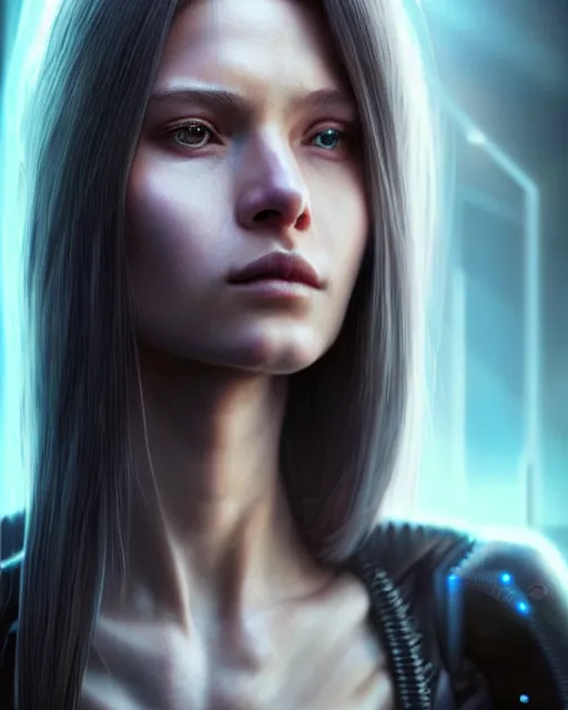 Image similar to a portrait of a beautiful 28th century super cool post-human female very young with long hair, barely human and largely biomechanical cyberpunk, hyper-realistic, very detailed unreal engine, by Artgerm, WLOP and Ross Thran, dramatic cinematic lighting rendered by octane, 8k, detailed, trending on artstation, deviantart google images, pinterest