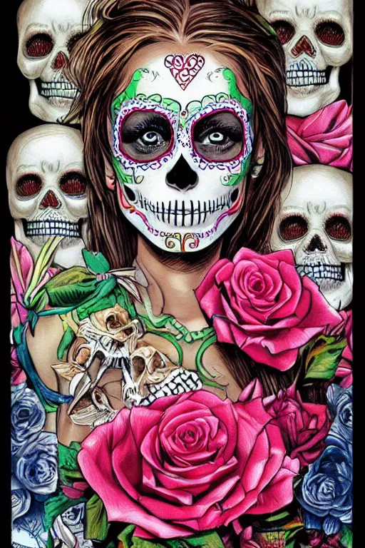 Prompt: Illustration of a sugar skull day of the dead girl, art by Glenn Fabry