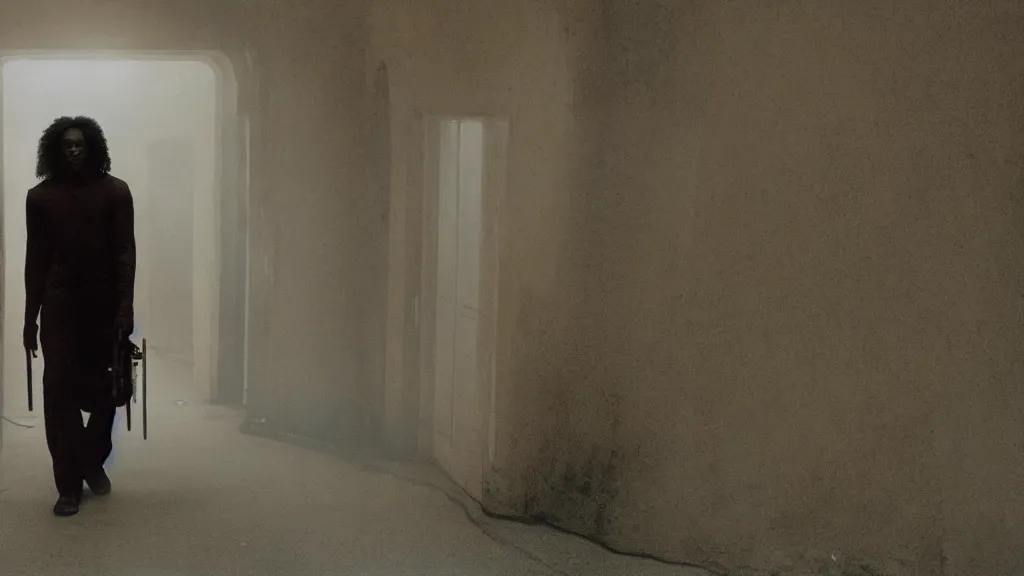 Image similar to photo from distance of a black man with long curly hair, carrying a electric guitar, walking out of from the past door, film still from the movie directed by Denis Villeneuve with art direction by Zdzisław Beksiński, wide lens