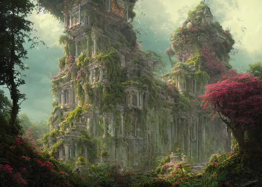 Image similar to Overgrown fantasy temple in the clouds, fantasy art by ferdinand knab, intricately detailed, overgrowth, flowers, radiant warm light, alena aenami