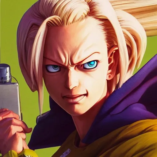 Image similar to highly detailed vfx portrait of android 1 8 by eiichiro oda!, stephen bliss, greg rutkowski, loish, rhads, beeple, makoto shinkai, tom bagshaw, alphonse mucha, sharp focus, art by artgerm and greg rutkowski, stanley kubrick, backlit, harsh overhead sunlight,