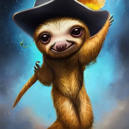 Image similar to epic professional digital airbrushed portrait art of a cute baby sloth dressed as a magician,, best on artstation, cgsociety, wlop, Behance, pixiv, cosmic, epic, stunning, gorgeous,, masterpiece by Dorian Cleavanger and Stanley Lau,