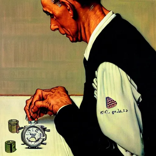 Prompt: A Pround doctor looking at his new watch, artwork by Norman Rockwell, cinematic view, high quality