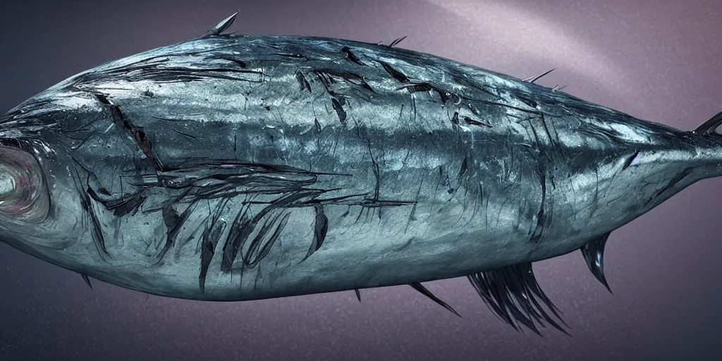 Image similar to tuna, stylized layered textures, long flowing fins, bioluminescent orbs, 3 d render, substance painter, glowing eye, smooth, sharp focus, art by h r giger