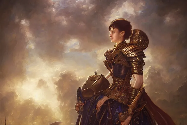 Prompt: a portrait of a female night guard in armor, thin lustrous auburn hair, in Ankh Mor-Pork from Discworld by Terry Pratchett, dreamy night, eternity, romantic, highly detailed, in the style of Tom Bagshaw and Franz Xaver Winterhalter, highly detailed