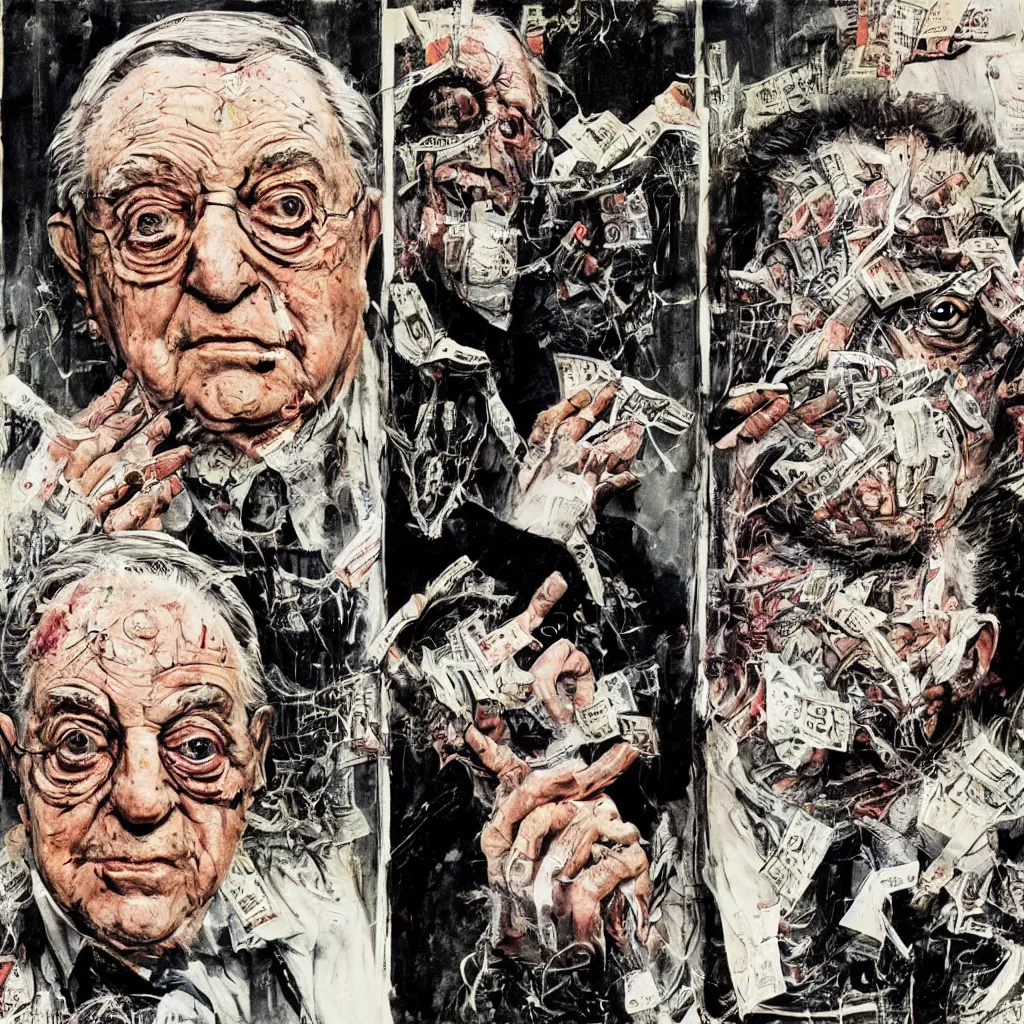 Prompt: George Soros, dollar bills Body horror, biopunk, by Ralph Steadman, Francis Bacon, Hunter S Thompson