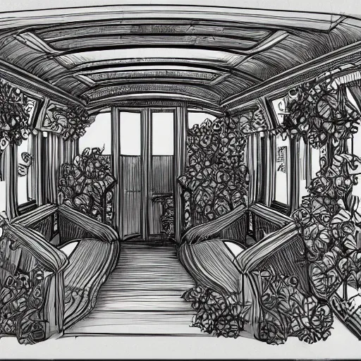 Image similar to annotated highly, detailed and intricate, sketch of the inside of a carriage cabin full of green plants, marker concept art style rendering, concept art, half blueprint, trending on artstation, intricate details, center frame, annotations