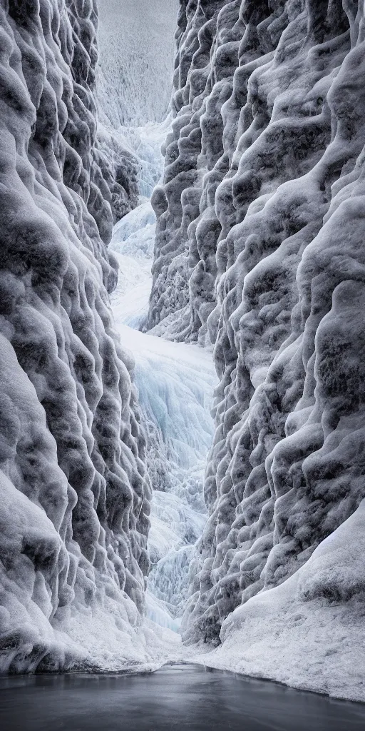 Image similar to dream looking through a hyper realistic photograph of a frozen icy canyon, minimal structure, misty, raining, meditative, timed exposure, icelandic valley, river, in the style of reuben wu, roger deakins