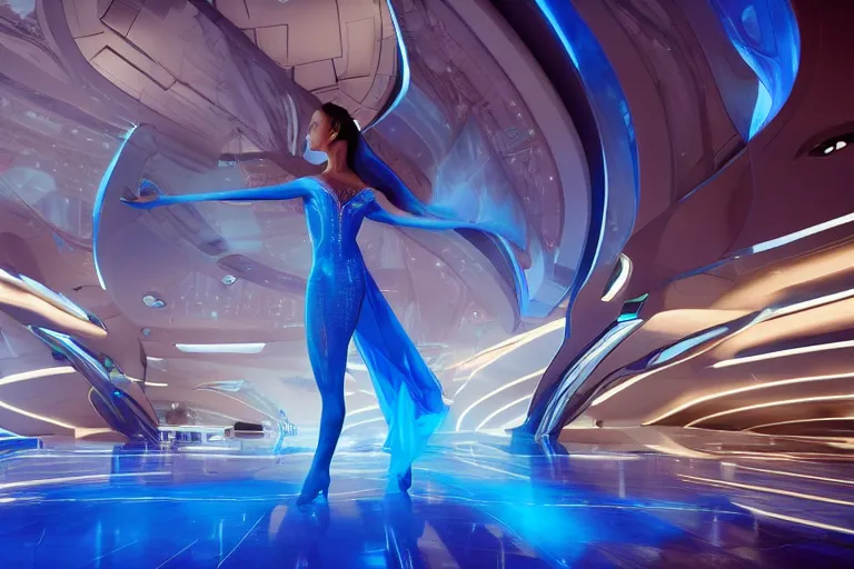 Image similar to vfx movie scene closeup of beautiful blue skin alien woman dancing in sleek futuristic decadent spaceship pillars, futuristic ballroom. giant windows view of earth obit. by emmanuel lubezki