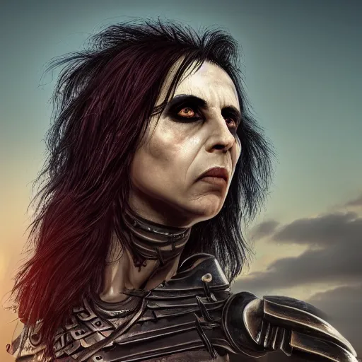 Prompt: stunning headshot of Alice Cooper, with smooth and streamlined armor, standing and posing elegantly, well detailed face, beautiful digital art, artstation, DeviantArt, FurAffinity, professional, depth of field, close-up, hd, octane render, sunset lighting