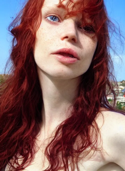 Prompt: close up portrait of a thin young redhead woman with russian descent, sunbathed skin, with deep blue eyes. wavy long maroon colored hair. she looks directly at the camera. slightly open mouth, face takes up half of the photo. a park visible in the background. intricate. detailed 8 k. art by luis royo.