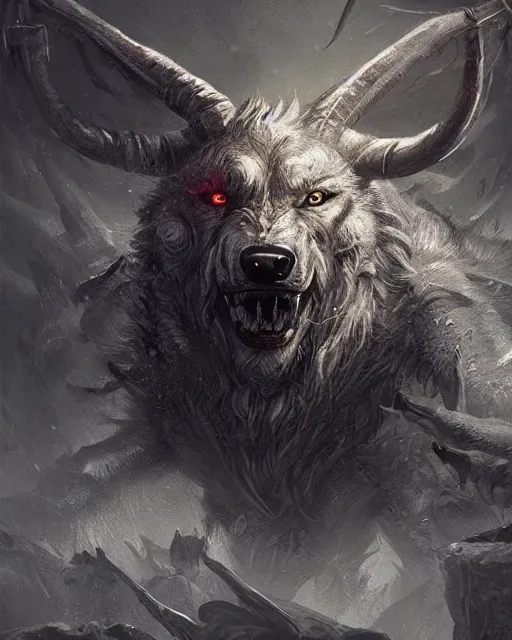 Image similar to A minotaur as a wolf, terrifying face, fantasy art, monster art, in the style of greg rutkowski, illustration, epic, fantasy, intricate, hyper detailed, artstation, concept art, smooth, sharp focus, ray tracing