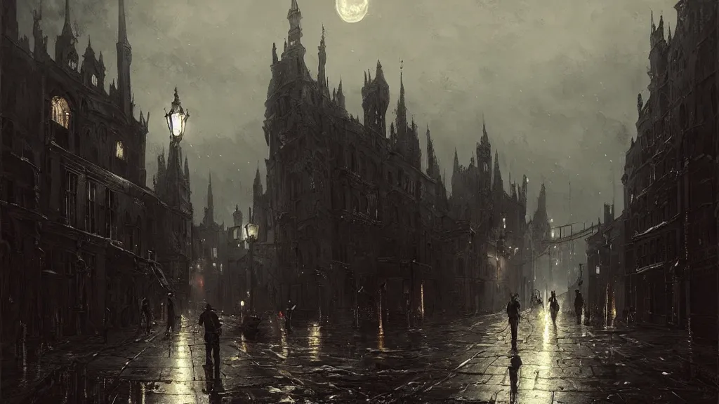 Prompt: victorian city streets at night, bloodborne, jakub rozalski