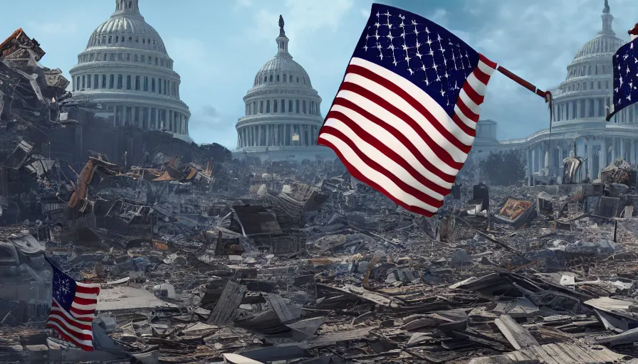 Image similar to us flag flying in the wind in destroyed washington dc city, hyperdetailed, artstation, cgsociety, 8 k