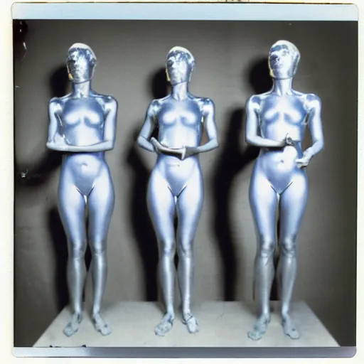 Image similar to three humanoid replicants who look like the statue of liberty, stand uncomfortably close to the camera, polaroid, flash photography, photo taken in a completely dark storage room where you can see some empty boxes in the background, very thick thighs