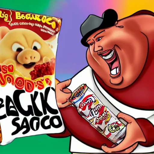 Image similar to obese steven seagal as sponsor of a sugary cereal called aikidos! with hideous cartoon rat mascot