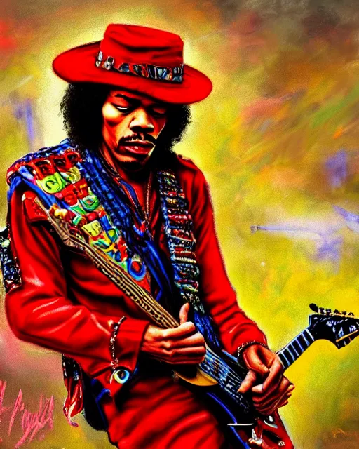 Prompt: highly detailed medium shot of jimi hendrix, dressed in red clothes, full face view, on a battlefield, holding a guitar gun, hyper realistic, psychedelic, illustration, digital paint, matte paint, vivid colors, detailed and intricate environment