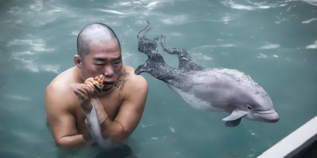 Image similar to an award winning photo of a respected Yakuza dolphin, in a steaming onsen, smoking a cigar and blowing smoke rings