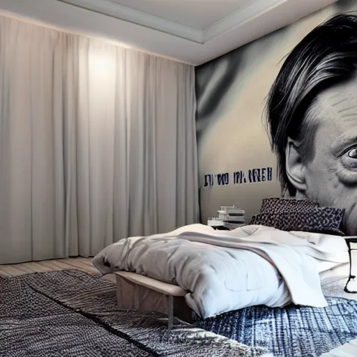 Image similar to a cozy bedroom interior with wall murals of steve buscemi, detailed, high resolution, wow!, intricate, volumetric lighting, raytracing