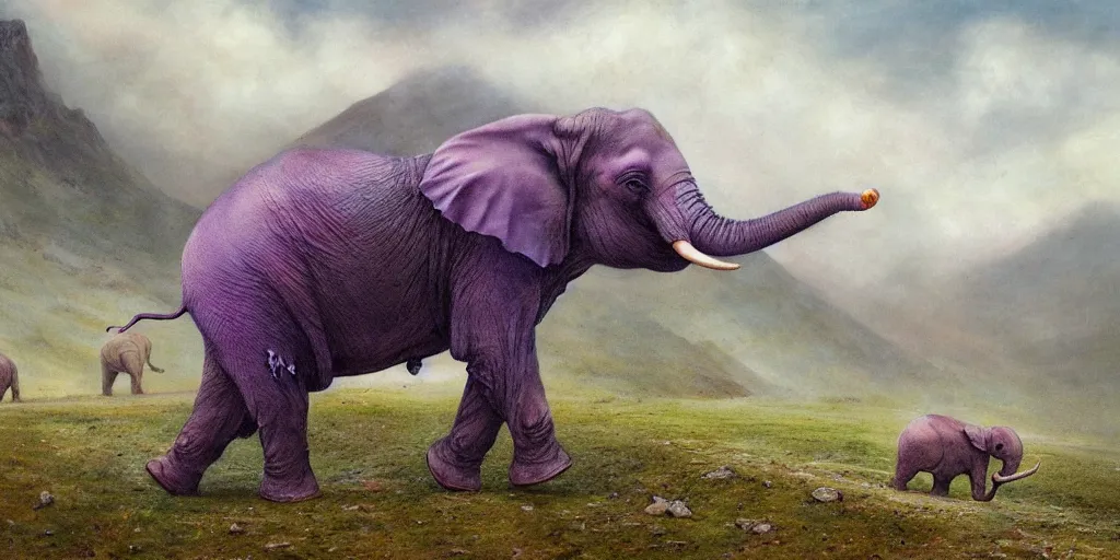 Image similar to purple coloured elephant running, raining, mountain, behind meadow, menacing, illustration, detailed, smooth, soft, cold, by Adolf Lachman, Shaun Tan, Surrealism