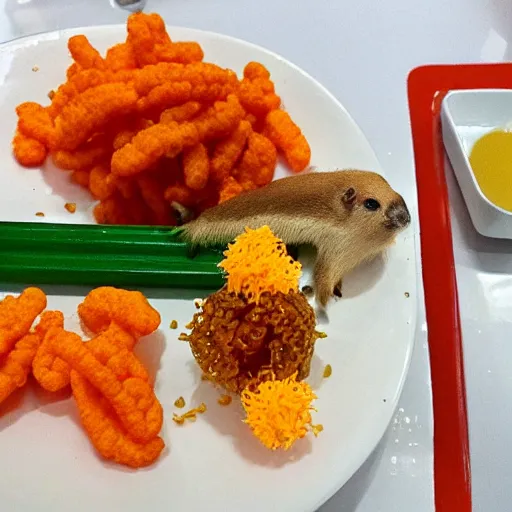 Prompt: elegantly plated meal of cheetos, fried capybara, frog eggs, and pencil erasers, Michelin starred restaurant, Instagram food picture