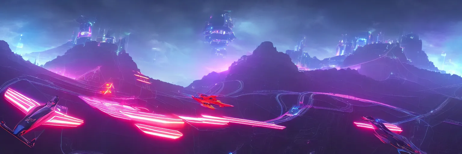 Prompt: f - zero, ships, tron in the mountain with neon light futuristic hyper realistic cinematic view of floating castle hanging by chains in the air, in between a gorge, below only cloud dark void, structured by chains and cables on base, 8 k resolution