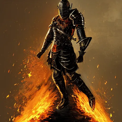 Image similar to the knight of the eternal flame covered in flames wearing detailed gold and black armor like obsidian, dark souls concept art, dramatic lighting, trending on artstation hq, 4 k, uhd