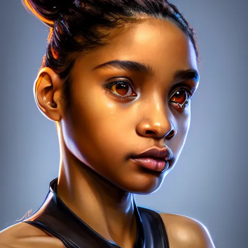 Image similar to a photorealistic hyperrealistic, bright brown eyes, light skinned african young girl, ponytail hair, flawless face, beautiful eyes, cute face, black turtle neck shirt, by wlop, artgerm, greg rutwoski, alphonse mucha, beautiful dynamic dramatic low - light moody lighting, cinematic atmosphere, artstation, concept design art, octane render, 8 k